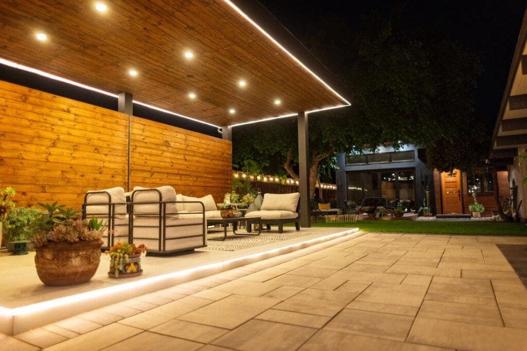 Gazebo with pot lights and a lounge area